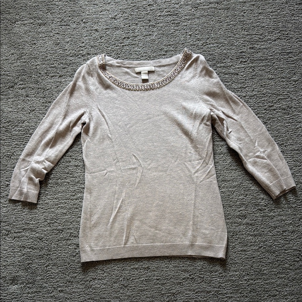 Banana Republic Tan Crew Neck Sweater with Relaxed Fit and Three-Quarter Sleeves
